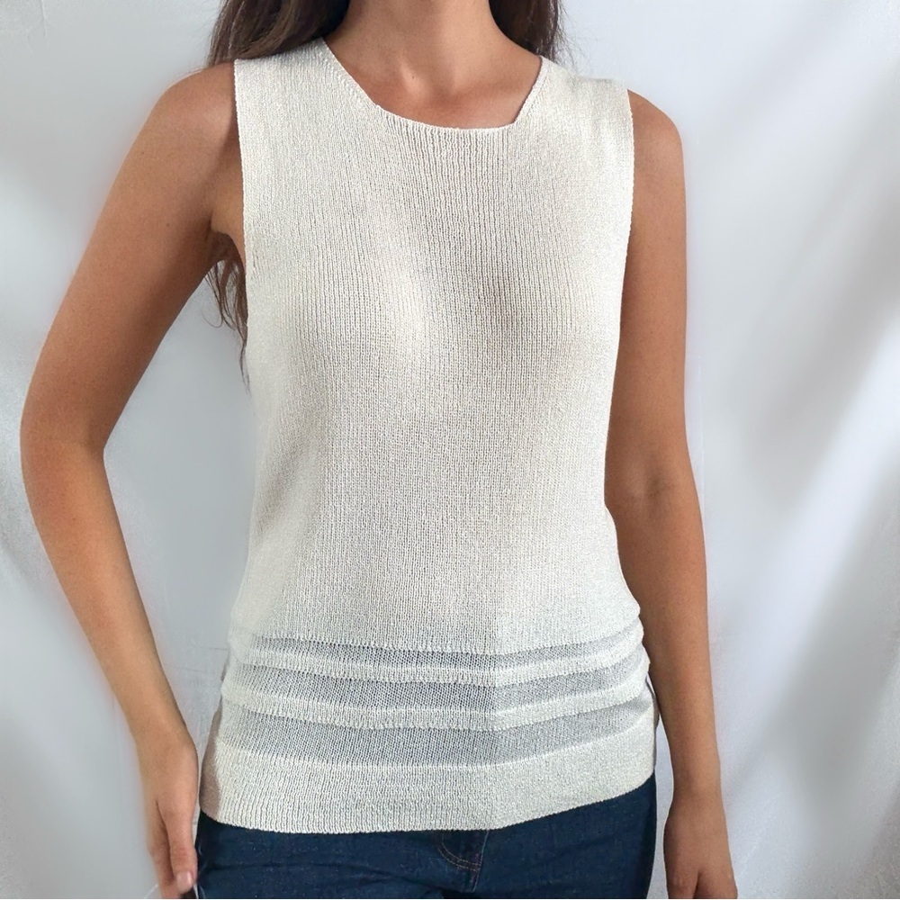 Vintage cream knit sleeveless blouse mesh bottom burnout minimalist NWT M top